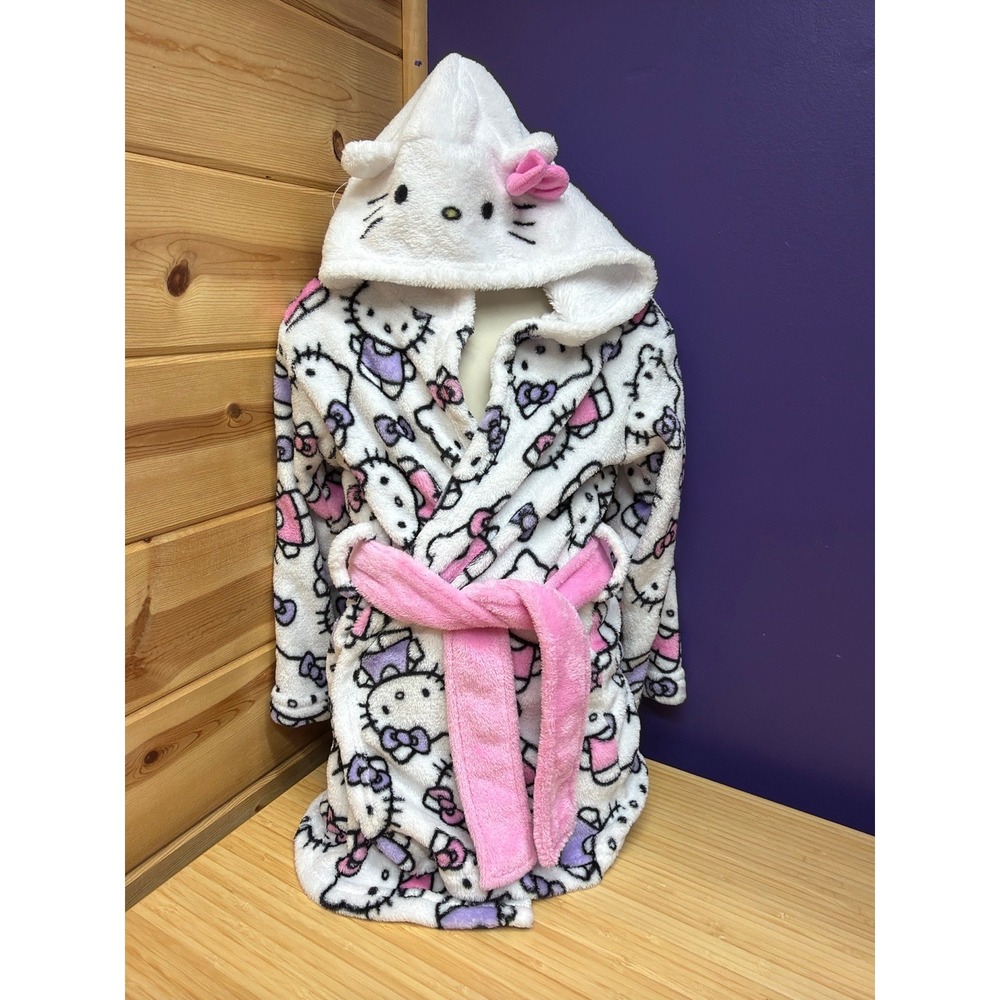Hello Kitty Girls Plush Hooded Bathrobe Pink White Size 4 Belted Sanrio